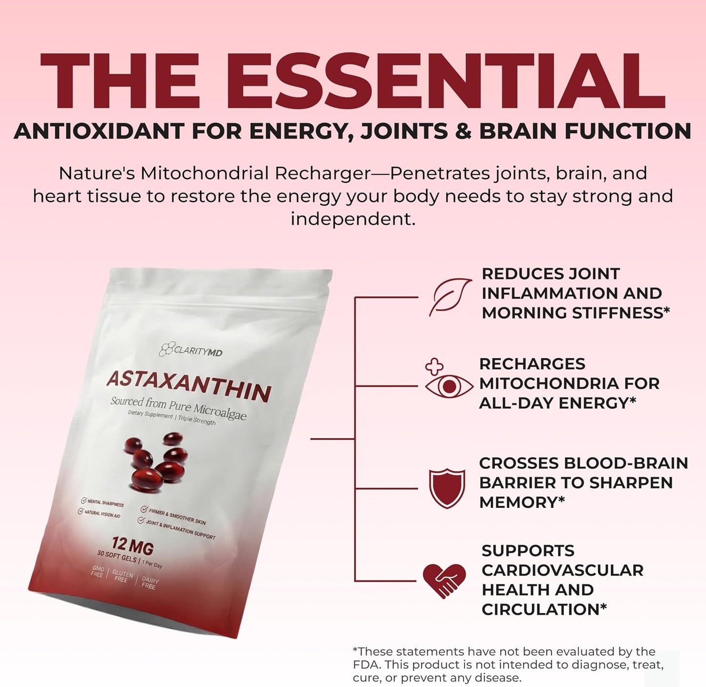 Astaxanthin 12mg Antioxidants Supplement – Natural Microalgae Source – Lipid-Based Softgel for Enhanced Absorption – Cognitive, Vision & Joint Support – 30 Softgels (Pack of 1)