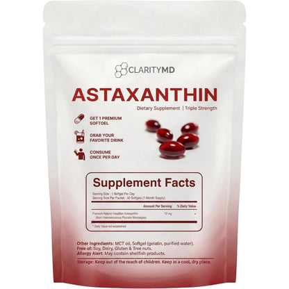 Astaxanthin 12mg Antioxidants Supplement – Natural Microalgae Source – Lipid-Based Softgel for Enhanced Absorption – Cognitive, Vision & Joint Support – 30 Softgels (Pack of 1)