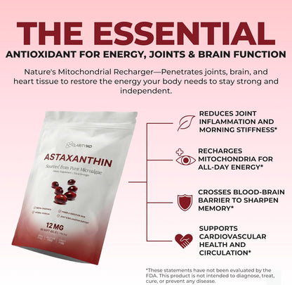 Astaxanthin 12mg Antioxidants Supplement – Natural Microalgae Source – Lipid-Based Softgel for Enhanced Absorption – Cognitive, Vision & Joint Support – 30 Softgels (Pack of 1)