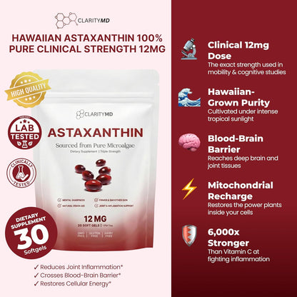 Astaxanthin 12mg Antioxidants Supplement – Natural Microalgae Source – Lipid-Based Softgel for Enhanced Absorption – Cognitive, Vision & Joint Support – 30 Softgels (Pack of 1)